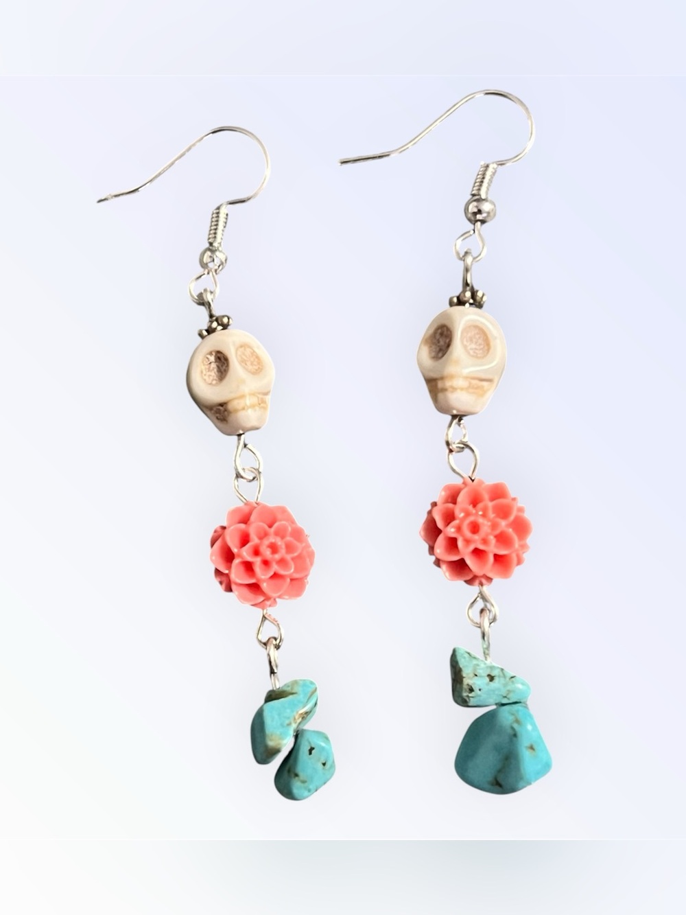 Handcrafted Genuine Coral Flower & Turquoise Howlite, Skull Dangle Earrings